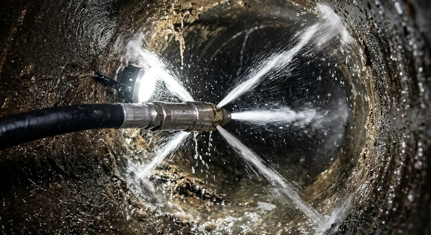 High-pressure hydro jetting nozzle cleaning sewer pipe for Trenchless Sewer Repair in Point Pleasant Beach