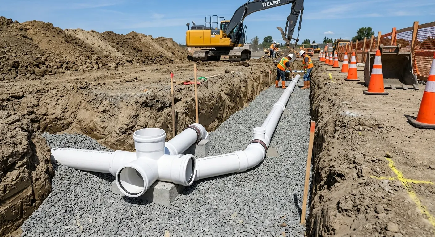 New PVC sewer pipe installation in open trench for Grease Trap Cleaning in Point Pleasant Beach
