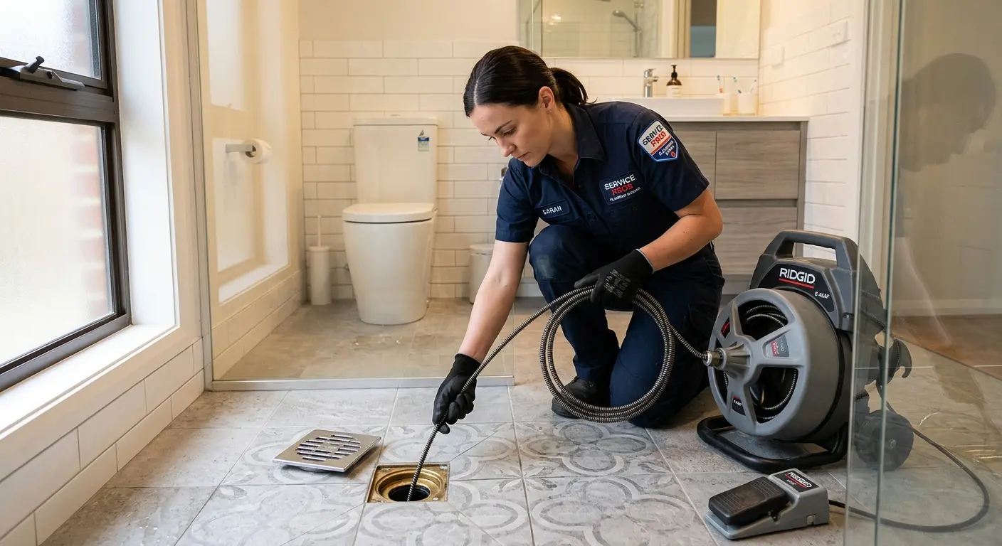 Technician clearing a bathroom floor drain for Drain Repair in Point Pleasant Beach